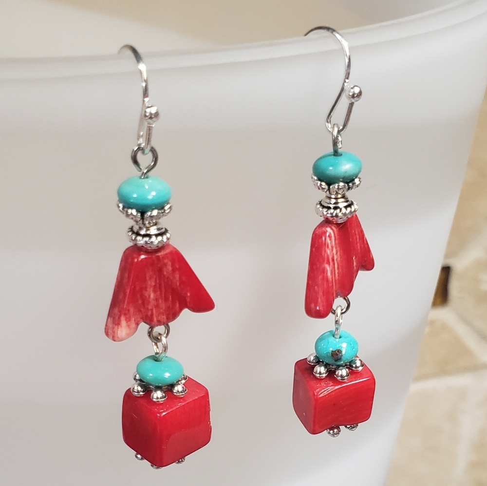 Genuine Turquoise and Coral Handcrafted Earrings